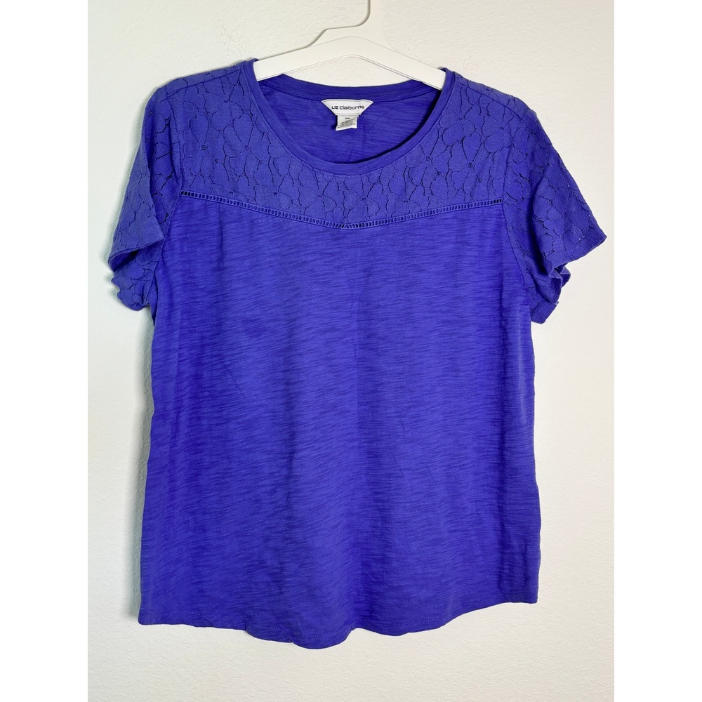 Liz Claiborne Womens XXL Purple Lace Yoke Short Sleeve Slub Knit T-Shirt Top